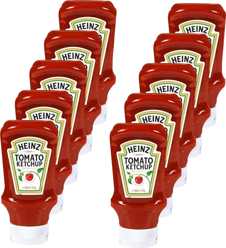 Heinz Tomato Ketchup Upside-Down Bottle, 10 Pack (10 x 500 ml Bottles) 5000 ml