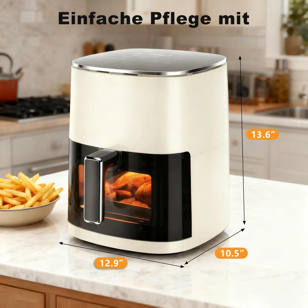 Sweetcrispy Hot air fryer, 6.34 liter capacity, viewing window, touch panel, 12 cooking functions, easy to clean.