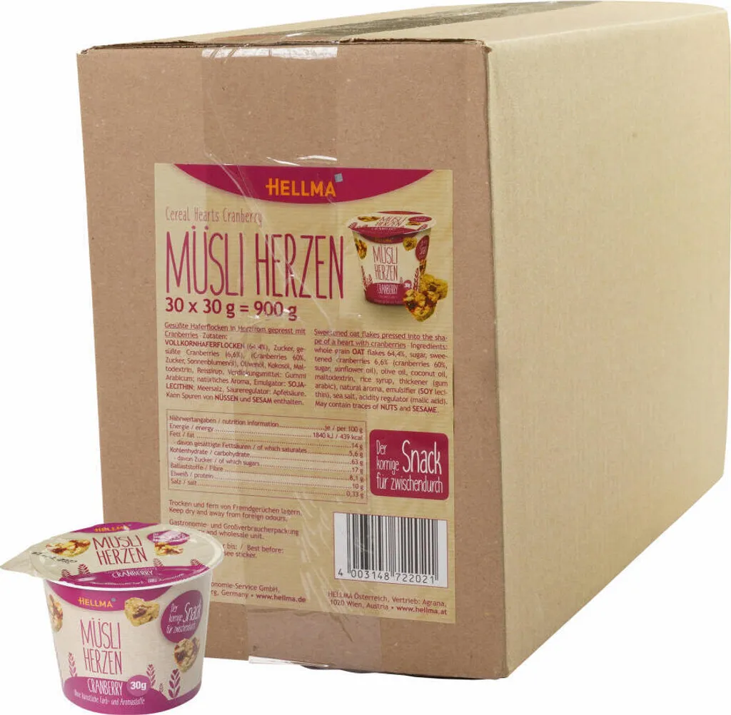 Hellma Cranberry Muesli Hearts, Snack, for restaurants, hotels, offices, canteens, 30 cups of 30 g each, 70102202