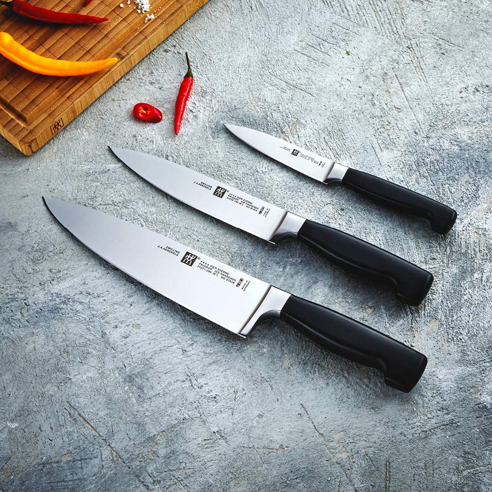 Zwilling Knife Set, 3 Pieces, Larding/Garnish Knife, Meat Knife, Chef\'s Knife, Rust-Free Special Stainless Steel/Plastic Handle, Four Stars