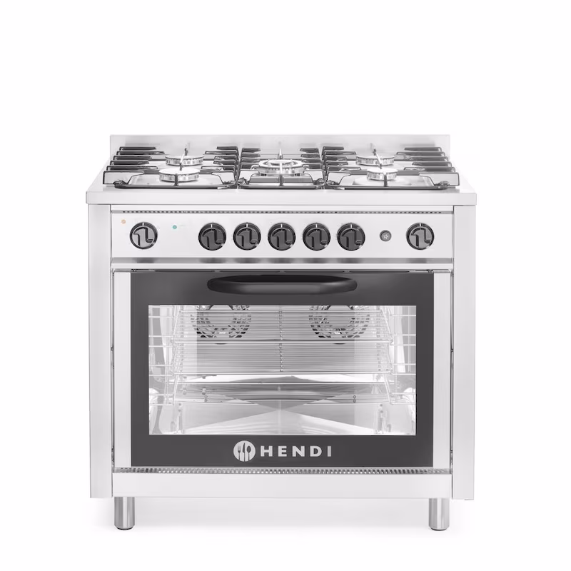 HENDI Gas Cooker - 5 Hobs with Electric Oven, Kitchen Line, Silver, 230V/2900W, 14.3kW, 900x653x(H)900mm