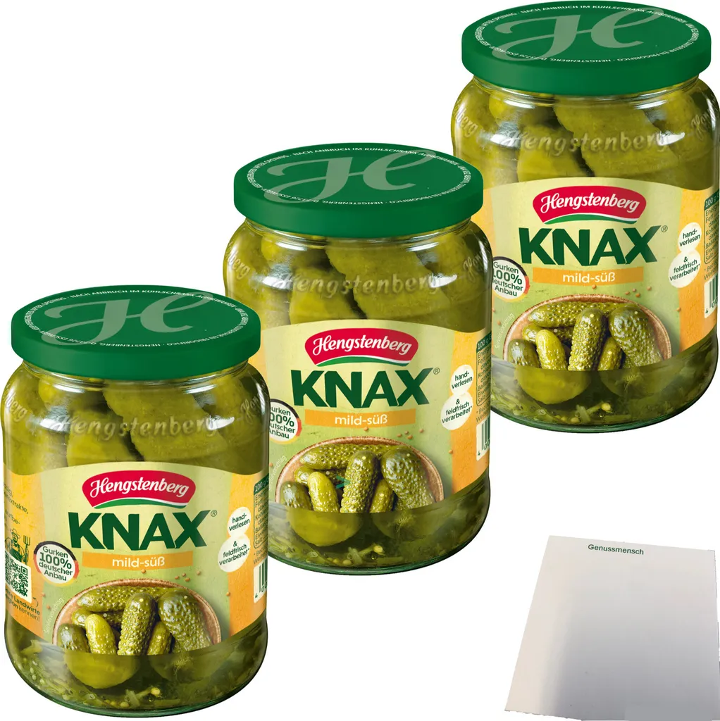Hengstenberg Knax mild-sweet gherkins 3-pack (3x360g ATG jar) + usy block