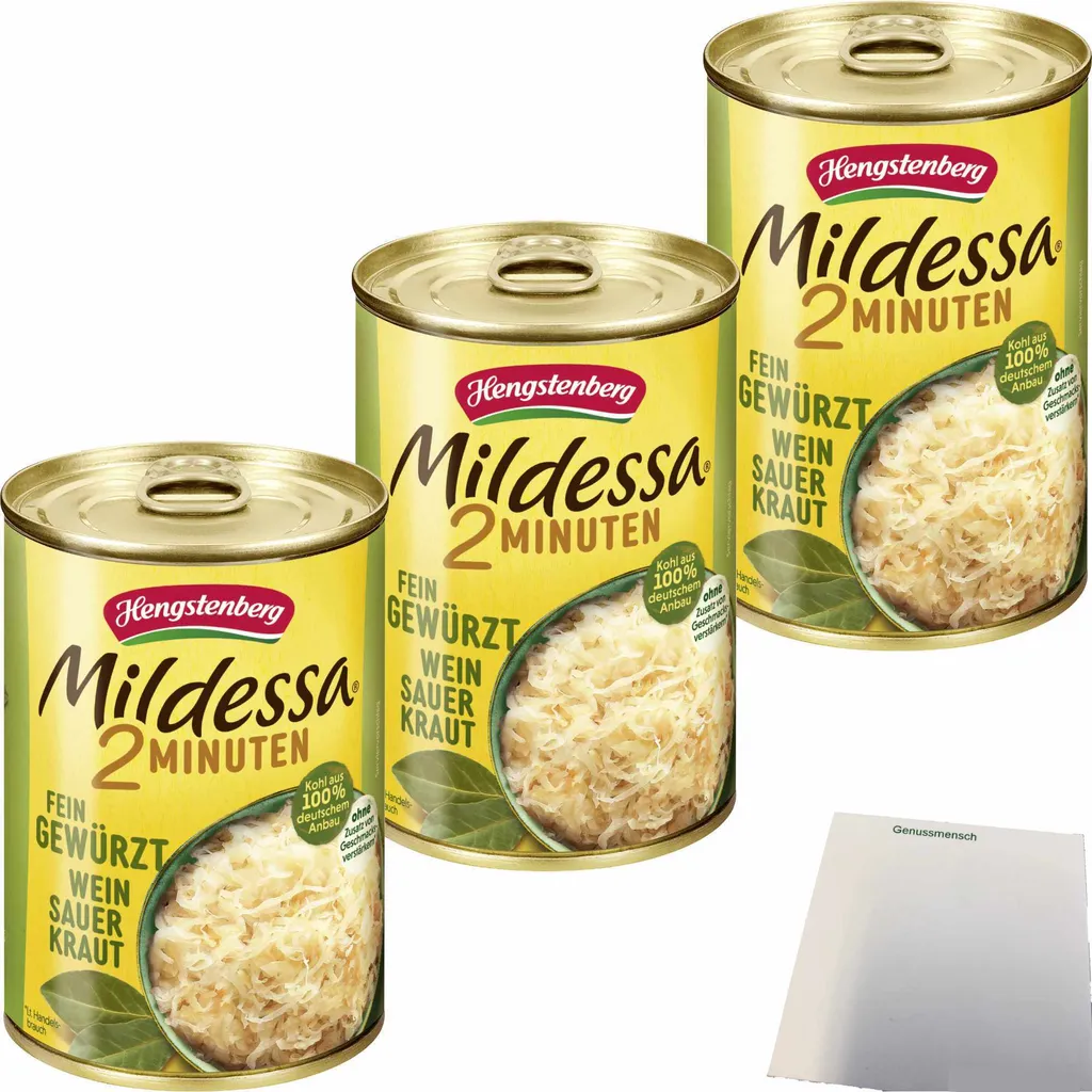 Hengstenberg Mildessa 2-Minute Wine Sauerkraut 3-Pack (3 x 400g cans) + usy Block 1212g