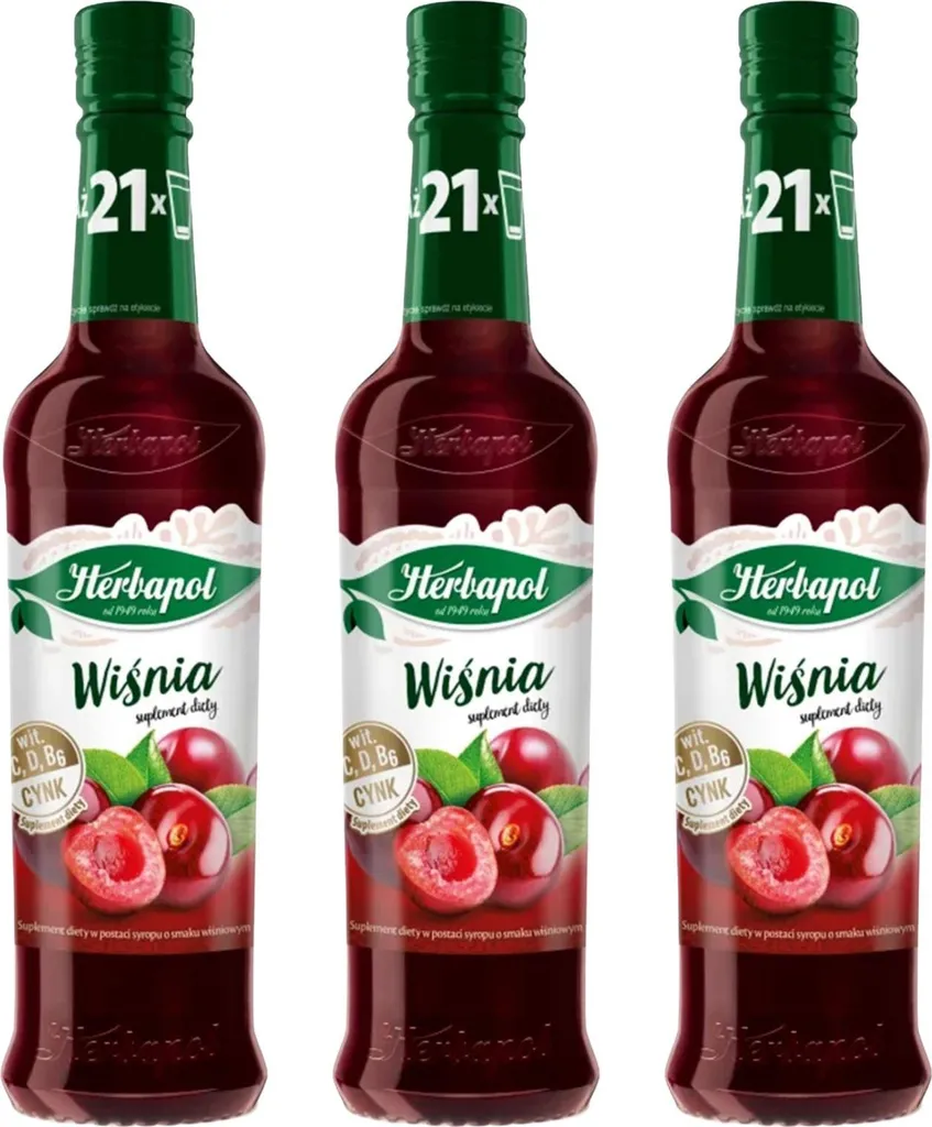 Herbapol Cherry Syrup 3 x 420ml - Beverage syrup for water, fruit syrup, vitamin C 1260 ml