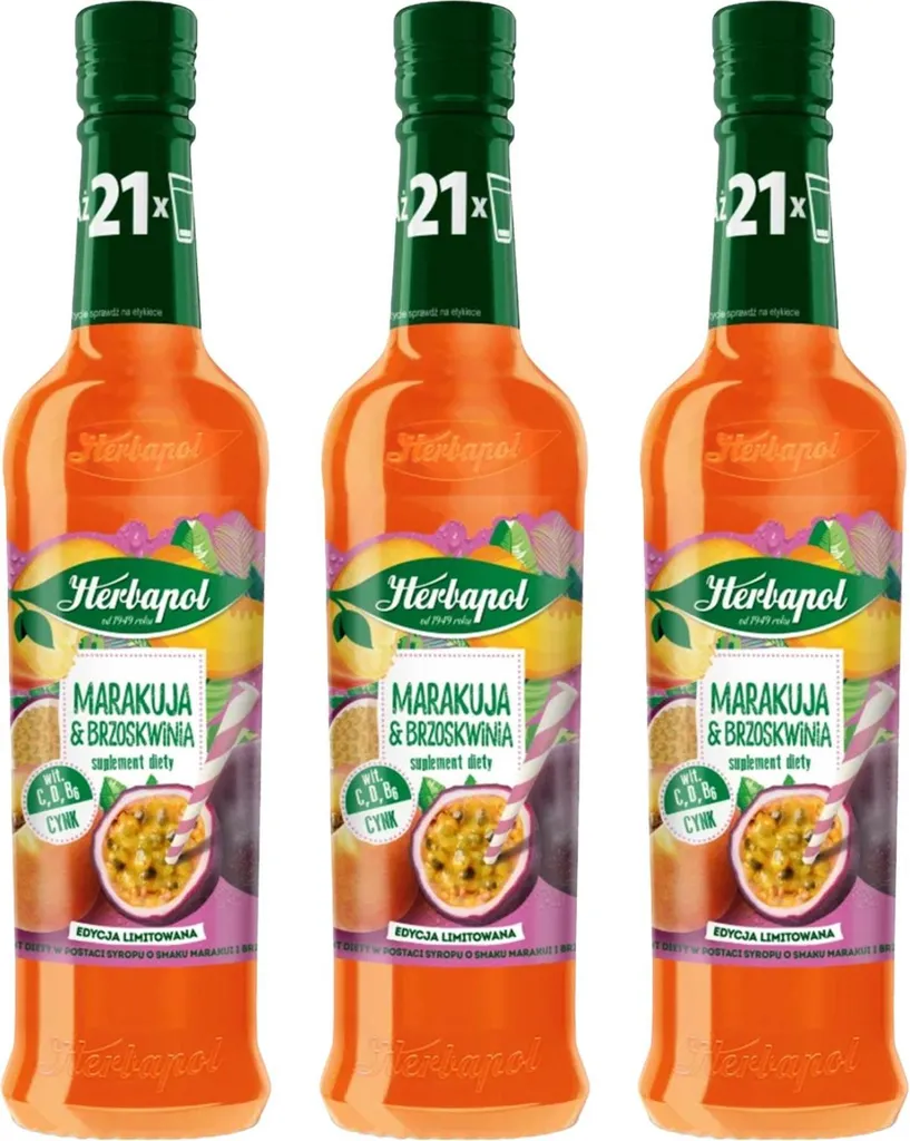 Herbapol Passion Fruit Peach Syrup 3 x 420ml - Drinking syrup for water, fruit syrup 1260 ml