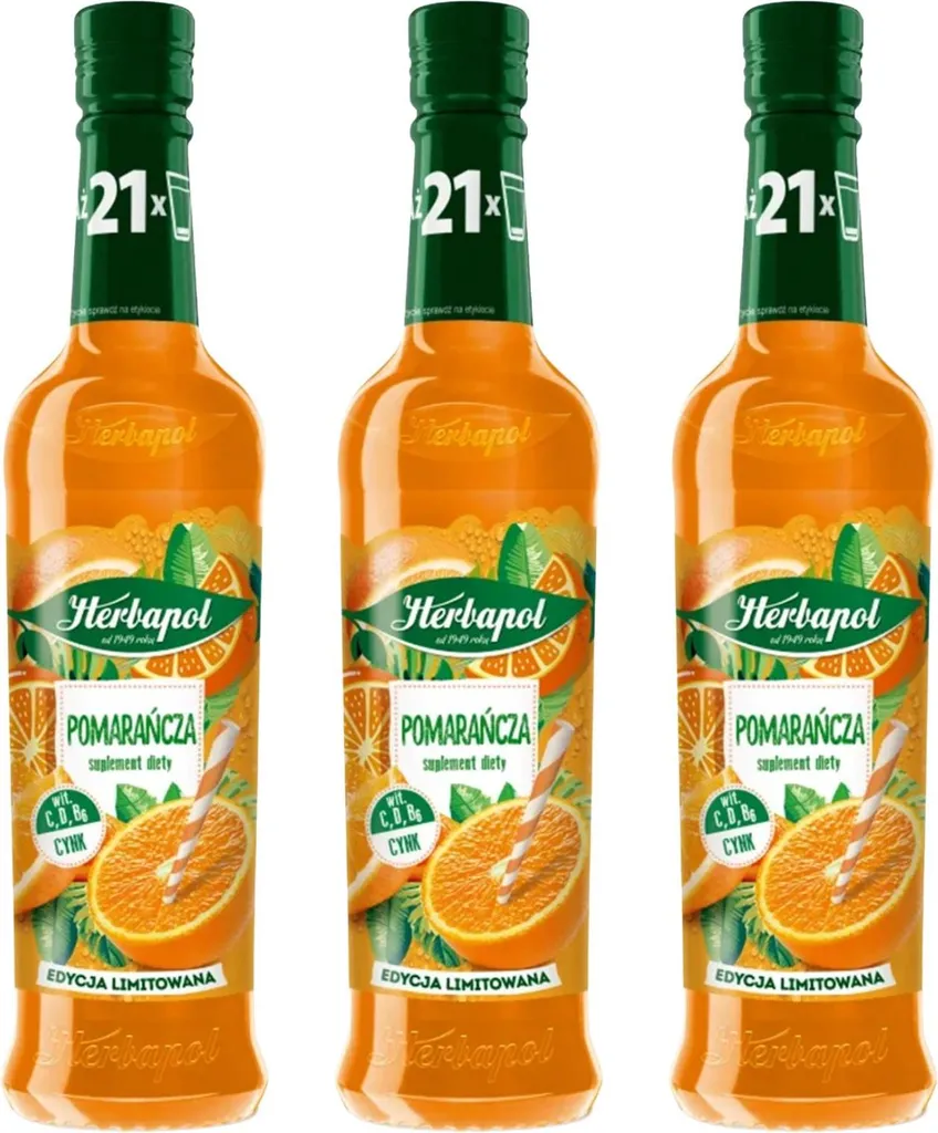 Herbapol Orange Syrup 3 x 420ml - Beverage syrup for water, fruit syrup, vitamin C 1260 ml