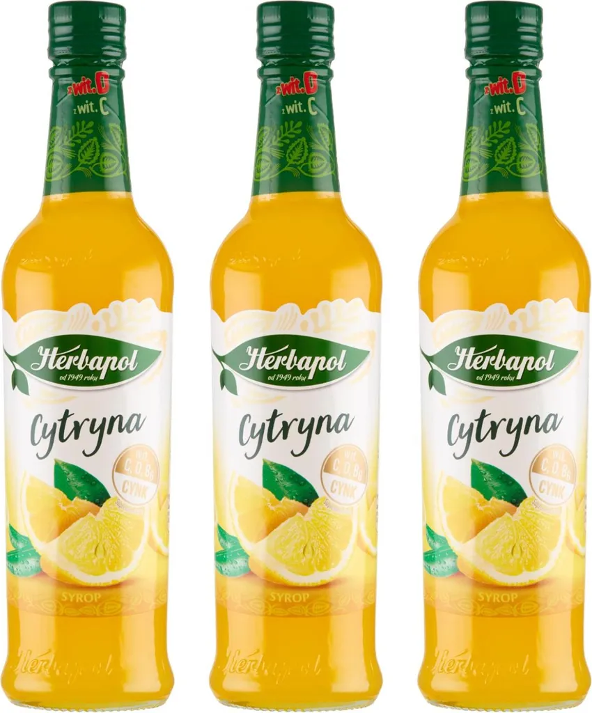 Herbapol Lemon Syrup 3 x 420ml - Drinking syrup for water, fruit syrup, vitamin C 1260 ml