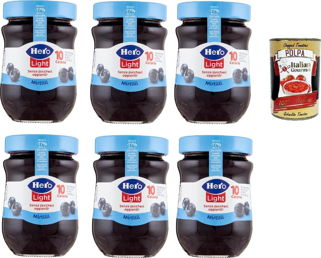 Hero Light Jam Light Spreads Blueberries, Extra Jam and Preserves with high-quality fruit, no added sugar and very few calories 6 x 280 g + Italian Gourmet Polpa 400 g