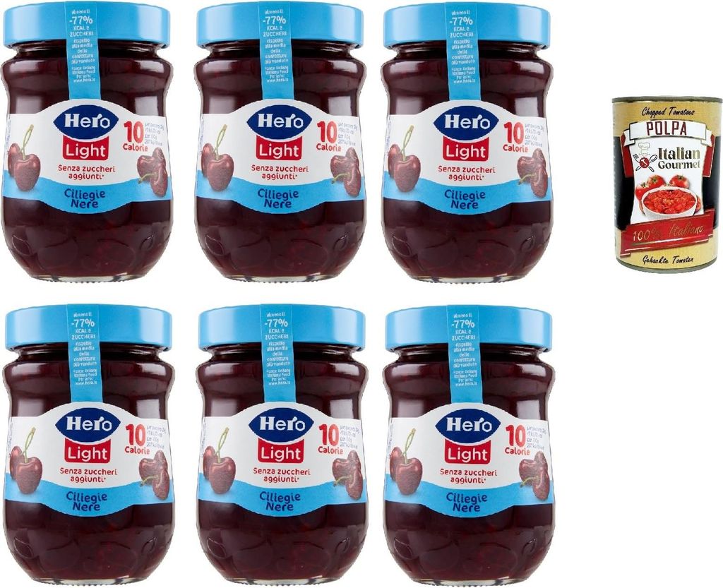 Hero Light Jam Light Spreads Black Cherries, Extra Jam and Preserve with high-quality fruit, no added sugar and very few calories 6 x 280 g + Italian Gourmet Polpa 400 g
