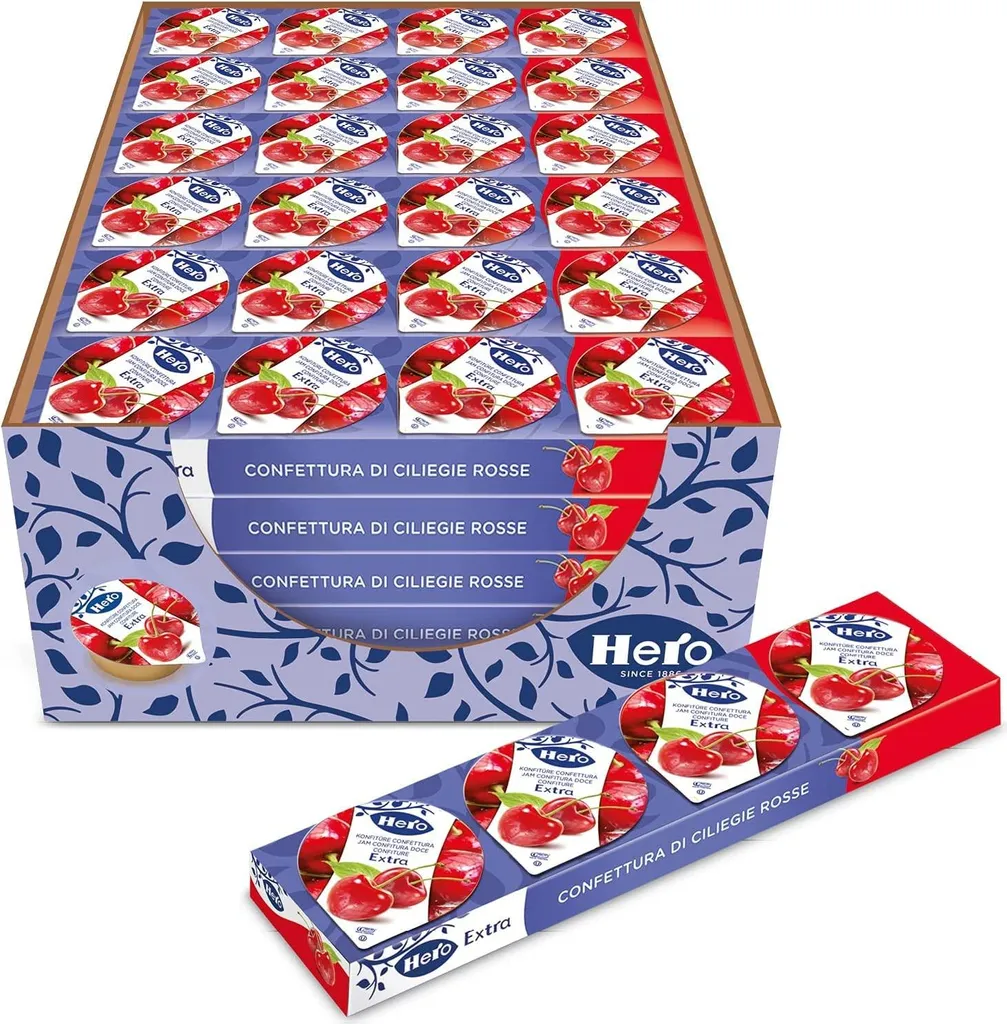 Hero Poker Red Cherry Jam, 30 packs of 100g (4 individual tins x 25g), extra jam and preserves, high-quality fruit, no preservatives and no colorings