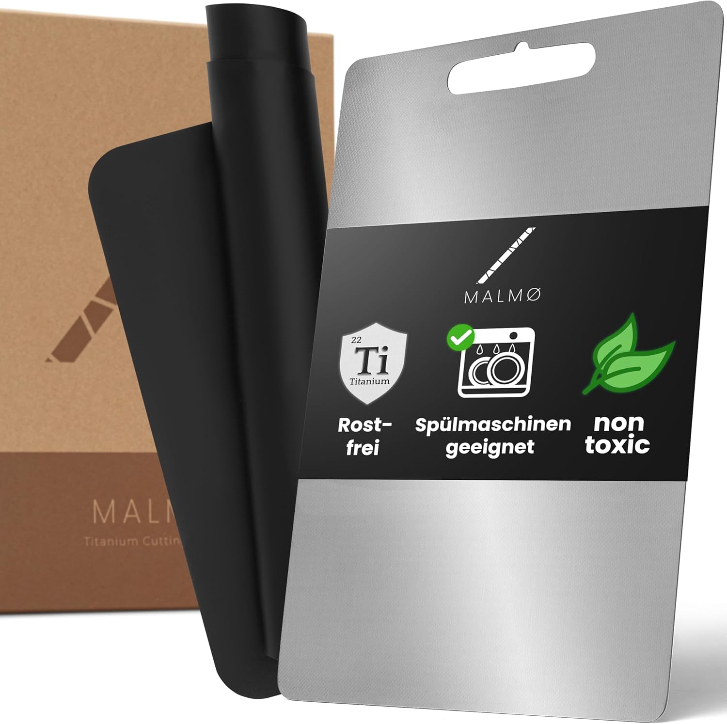 MALMØ Store MALMØ Titan Chopping Board (36 x 25 cm) - 100% Pure Titanium Chopping Board with Non-Slip Silicone Mat - Chopping Board for Meat, Fruit and Vegetables - Plastic-Free Metal Chopping Board
