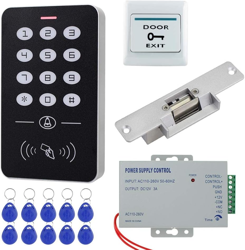 HFeng Kit Full Access Control System with Electric Magnetic Lock + RFID Keyboard + Power Supply + 10 Piece RFID Key Fob (with Strike Lock)