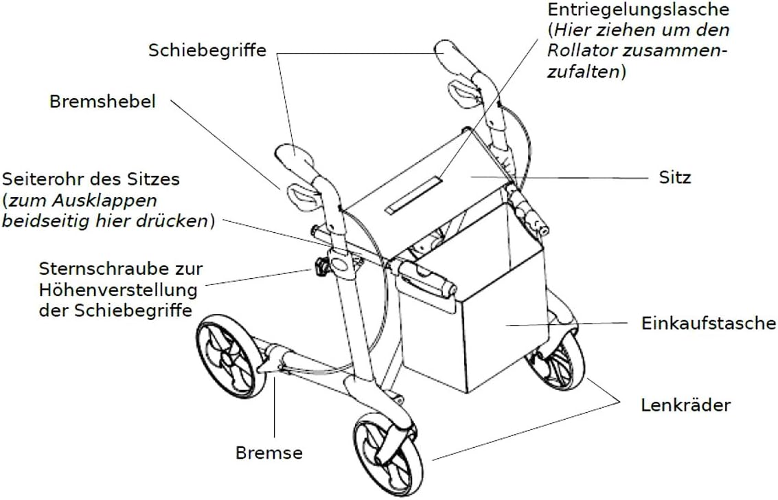 FabaCare Premium Cheetah Rollator with Grinding Brake, Carbon Fibre Carbon, Foldable, with Full Equipment, Carbon Rollator up to 150 kg, Seat Height 62 cm, up to 200 kg