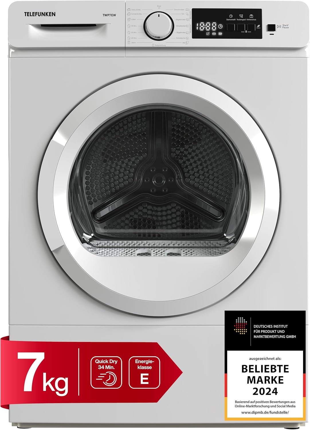 TELEFUNKEN Store Telefunken TWP7EW Heat Pump Dryer for 7 kg Laundry, Dryer Front Loader, Tumble Dryer with Wrinkle Protection and Delay Start, Energy Saving, Quiet 64 dB, 15 Programs, Drum Lighting