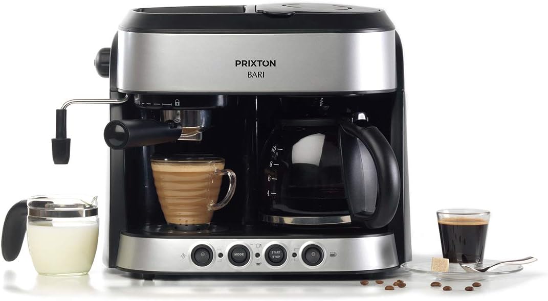 PRIXTON - Bari Espresso Machine - Double Outlet - 3-in-1: Espresso, Americano and Cappuccino - Pressure 15 bar & Power 1850W - Italian and American Drip System - Integrated Evaporator