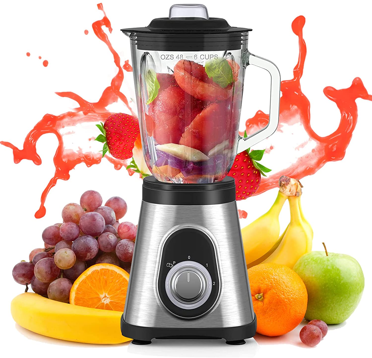 Onlyelax Stand Blender Smoothie Maker Glass Steel 2-in-1, Blender Mixer with 1.5 Liter Glass Container, Impulse/Ice-Crush Function for Ice Crush, Smoothie, Dishwasher Safe, Stainless Steel (700 W, 2700000000000 rpm)