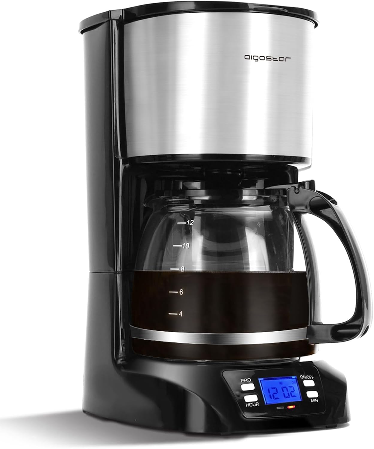 Aigostar Benno Digital Coffee Machine, Coffee Brewer with Programmable Timer, up to 12 Cups, 1.5 L, Warming Plate, Drip Stop, 800 Watt, Filter Coffee Machine, Stainless Steel, Black