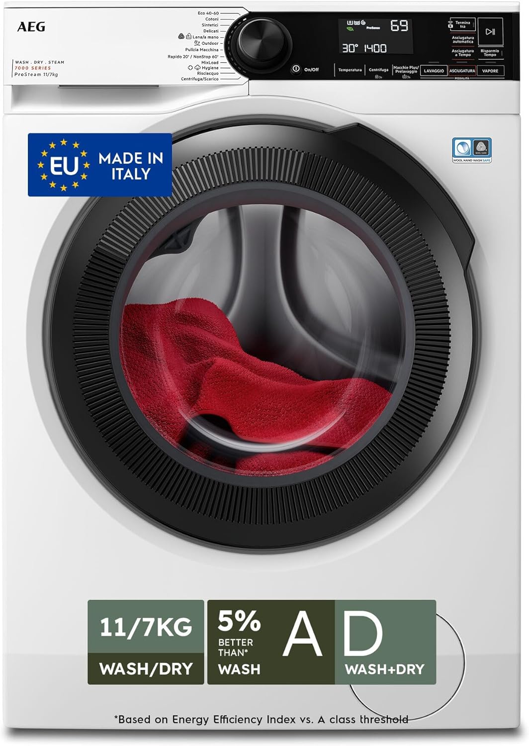 AEG Freestanding Washer Dryer LWR7D1174B Series 7000 ProSteam 11 + 7 kg Steam Cleaner 1400 RPM Inverter Motor Noise Level 73 dB(A) Class D