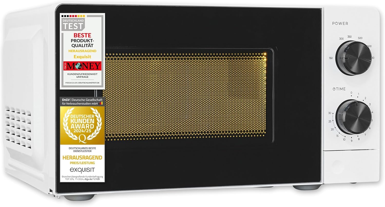 Exquisit MW850-070 Microwave, 24.5 cm turntable, 20 liters, 700 watts, 5 power levels, timer, defrost function, small, white