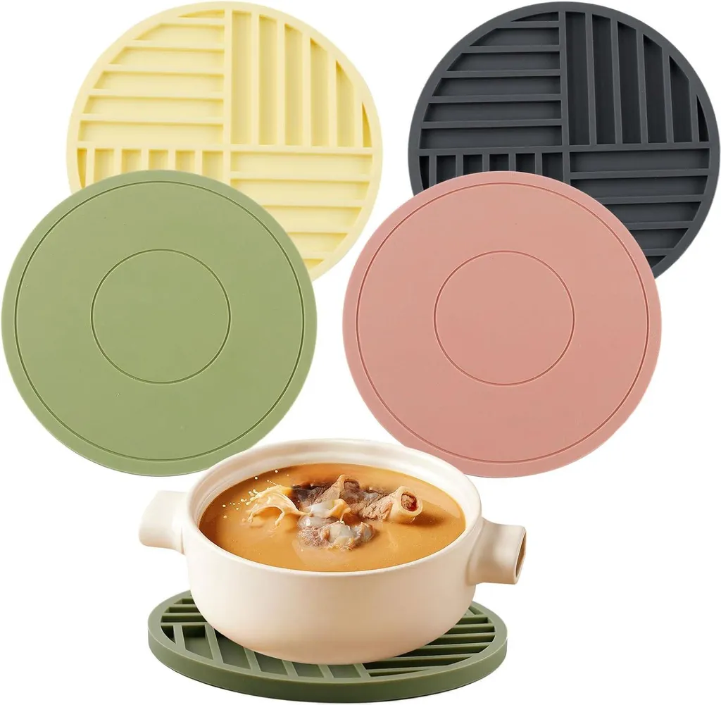 Markenlos Heat-resistant silicone trivet in 4 colors - dishwasher safe - round heat insulation pad for pots, pans and bowls