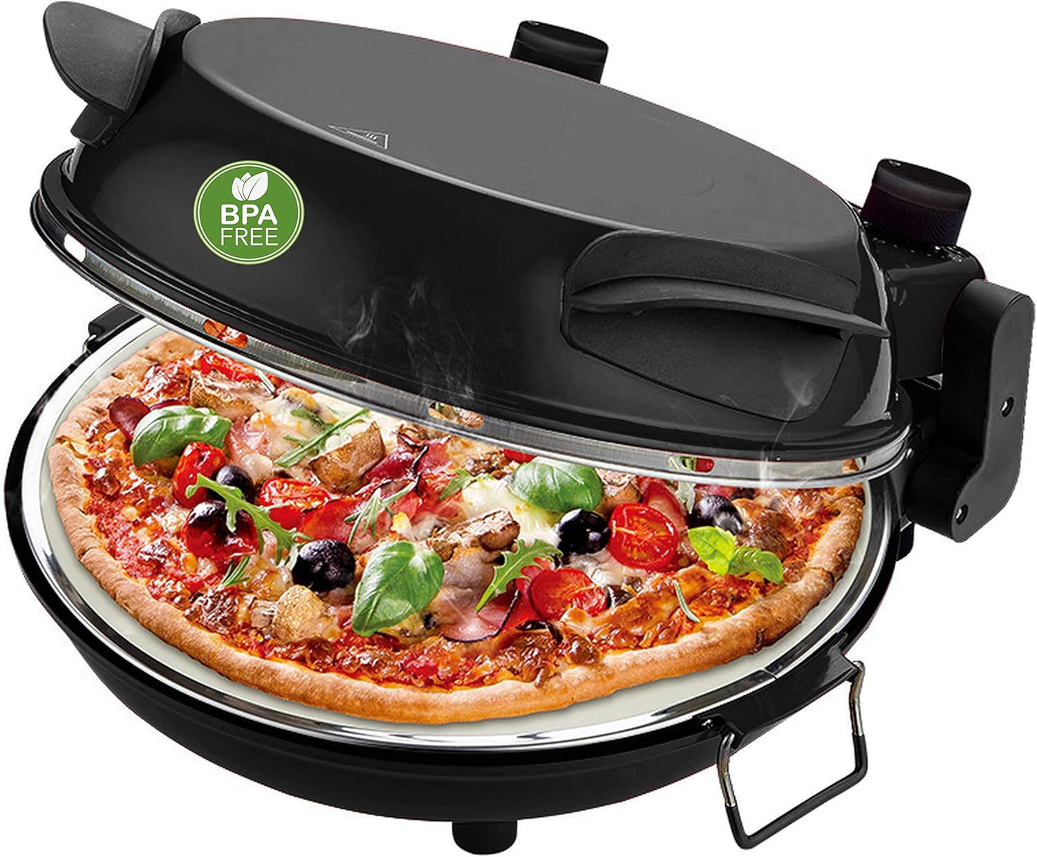 Emerio Pizza Oven, Plate Made of Fireproof Stone, Bakes Pizza in a Short Time (Also for TK Pizza), 31.5 cm Diameter, 1200 Watt, Timer, BPA-Free, Stainless Steel Pizza Server, PM-129032.2, Black
