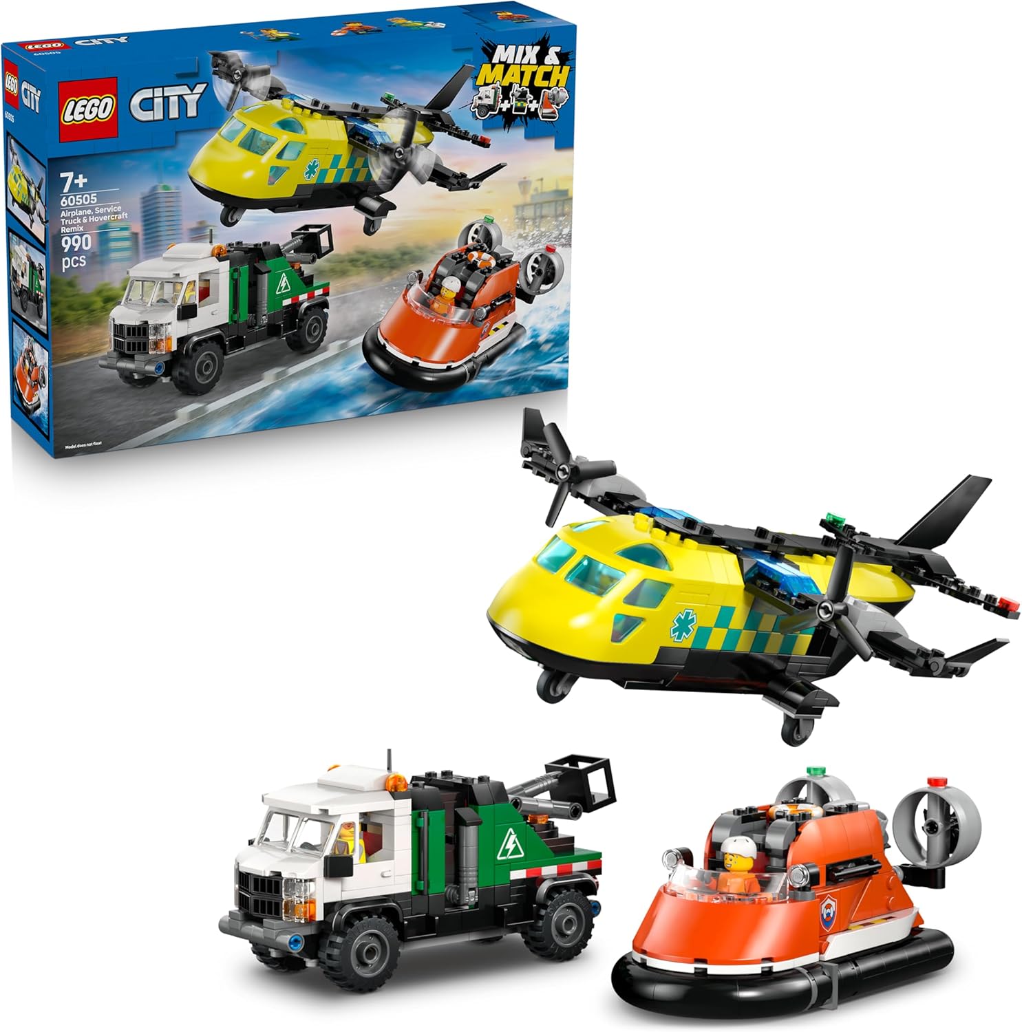 LEGO City Combination Set with Plane, Maintenance Vehicle and Air Cushion Boat, Toy Vehicle, Mix & Match Model Making with 3 Mini Figures, Birthday Gift for Boys from 7 Years, 60505