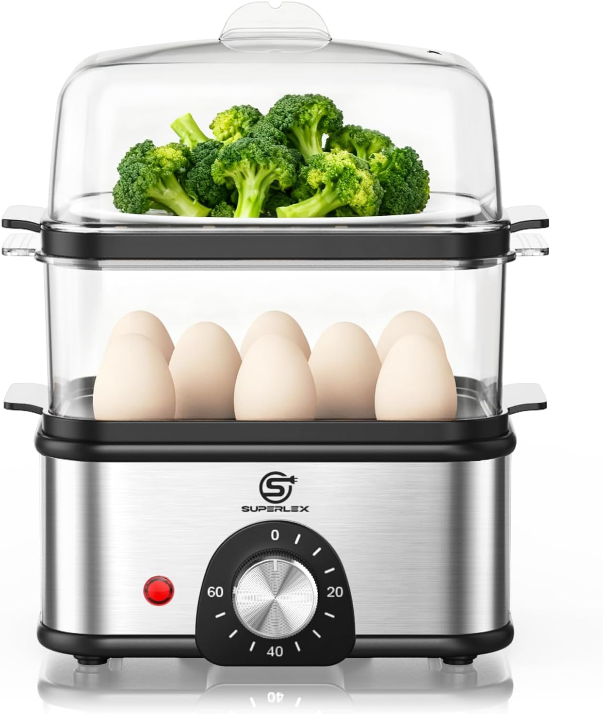 2-layer egg cooker stainless steel for up to 16 eggs, electric steamer, with time setting for hardness adjustment, 60 min timer, automatic shut-off for overheating protection, BPA-free