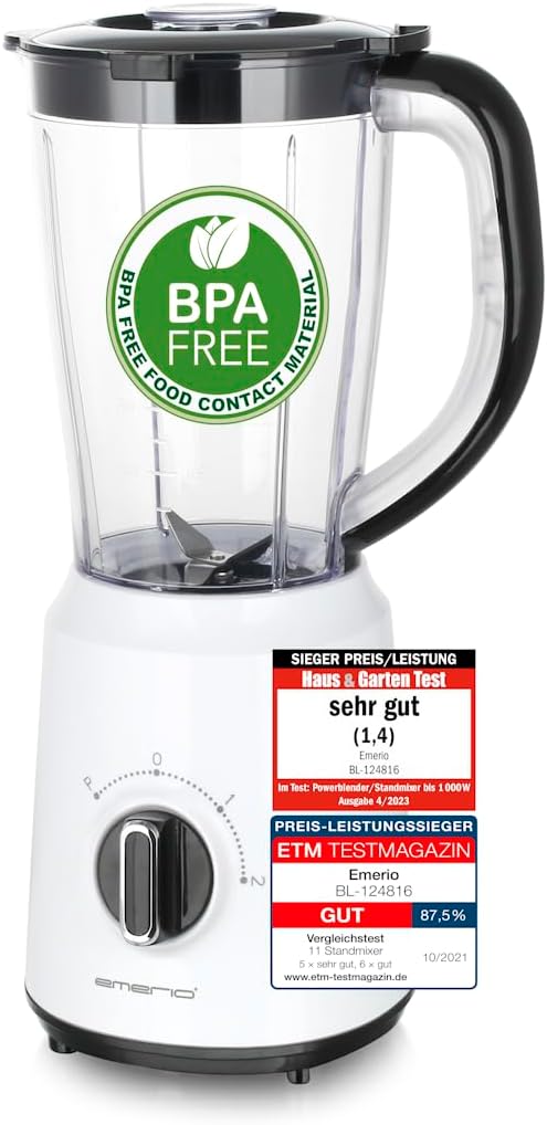 Emerio Blender BL-124816, BPA-Free, Crush Ice Function, 1.5 L Container, 2 Speeds + Pulse Function, Stainless Steel Blade Unit, Safety Switch, Dishwasher Safe, 500 Watt