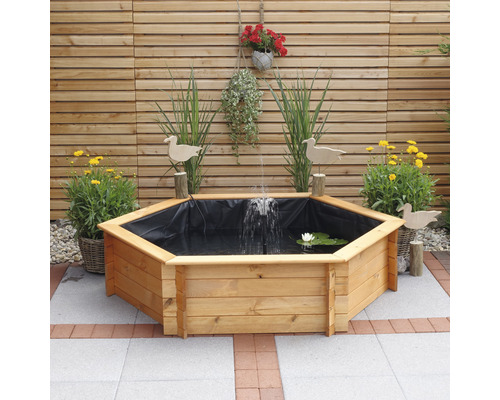 Raised pond, mini pond, raised bed promadino hexagon including solar pump 145 x 128 x 41 cm brown