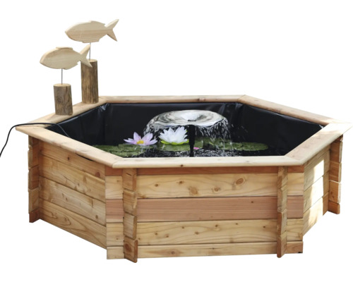 Promadino raised pond, 6-sided raised pond with solar pump, natural larch wood with pond liner, 122 x 105 x 40 cm
