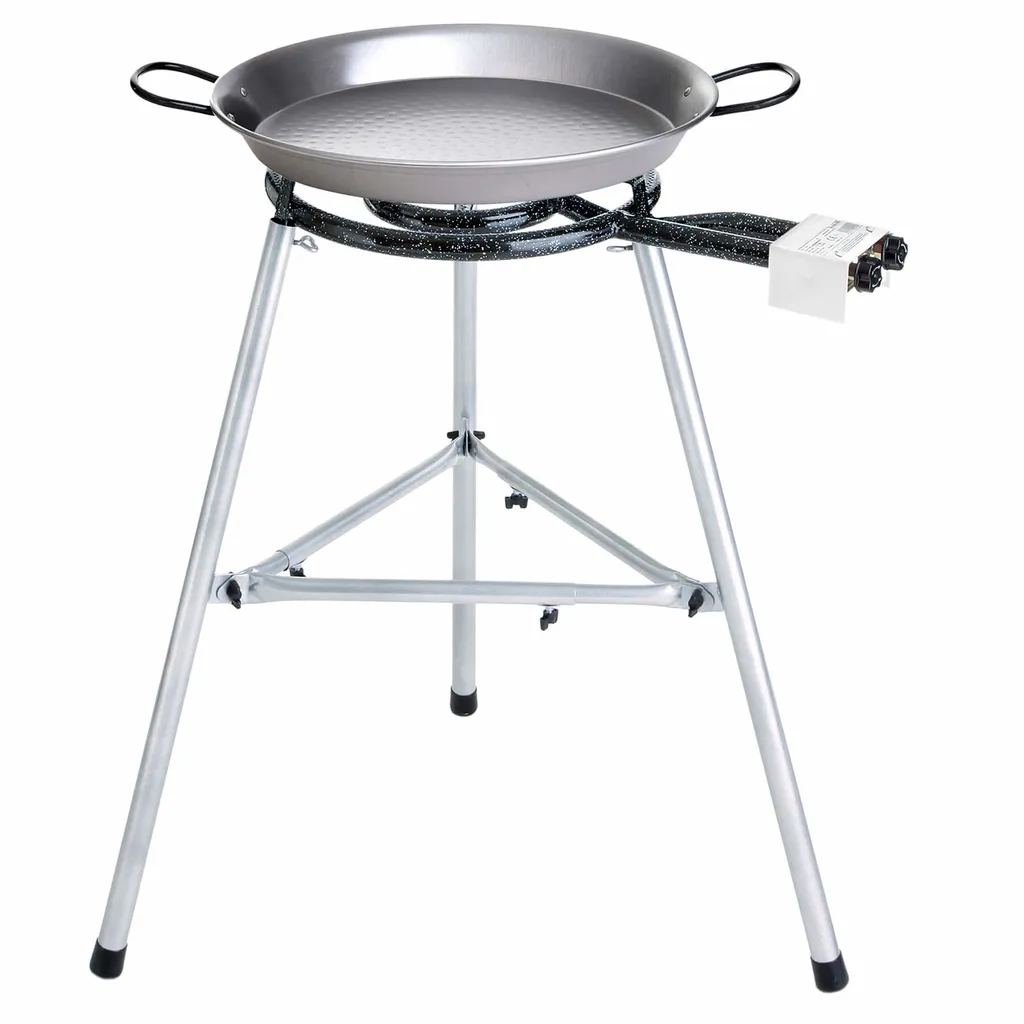 PAELLA WORLD High-quality paella grill set for single grillers: pan Ø 38 cm, 2-ring burner Ø 30 cm, 7.5 kW, stable tripod stand, height adjustable