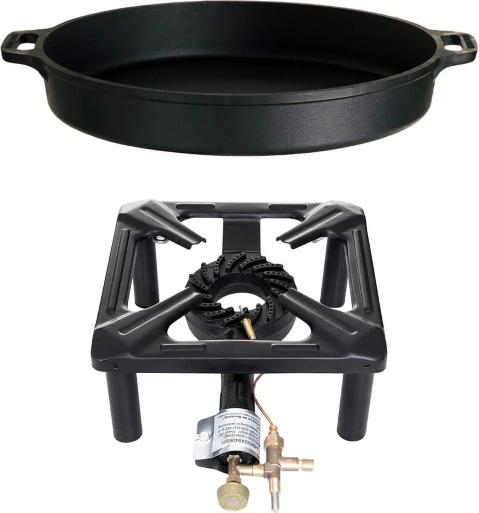 ALLGRILL Large camping stove set with cast iron pan Ø 40 cm - with flame failure device