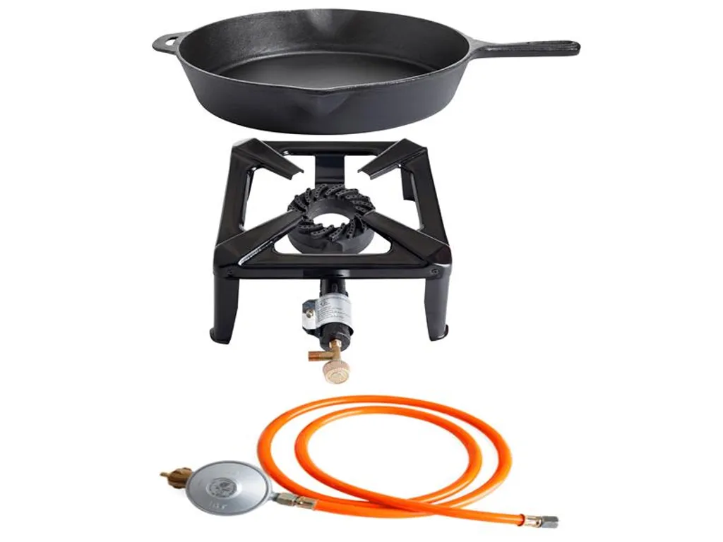 ALLGRILL Small camping stove set with cast iron pan Ø 35 cm including gas hose & regulator