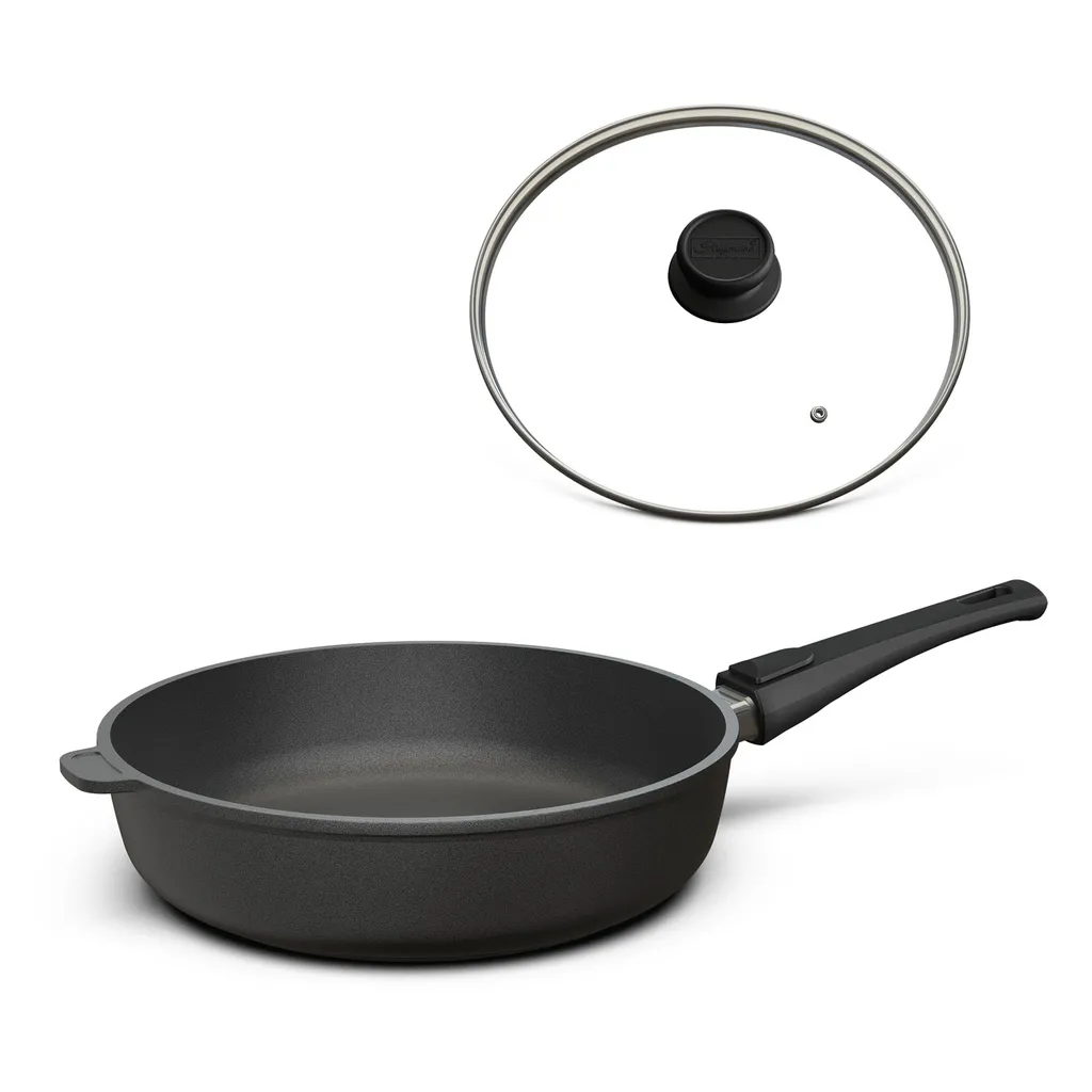 Hoffmann TC cast aluminum frying pan, 28 cm, induction compatible, with glass lid, made in Germany, high rim, 7 cm interior height