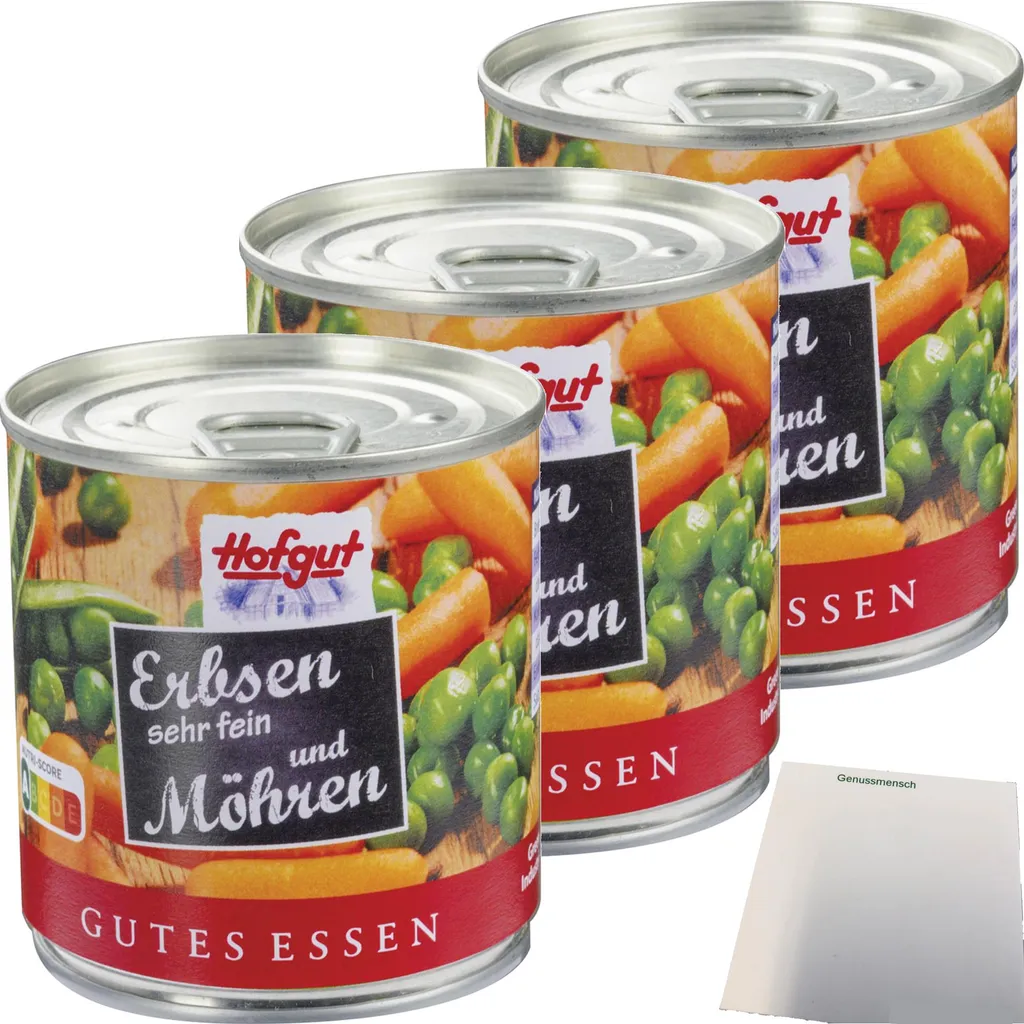 Hofgut peas, very fine with carrots, 3-pack (3 x 212ml cans) + usy block 648g