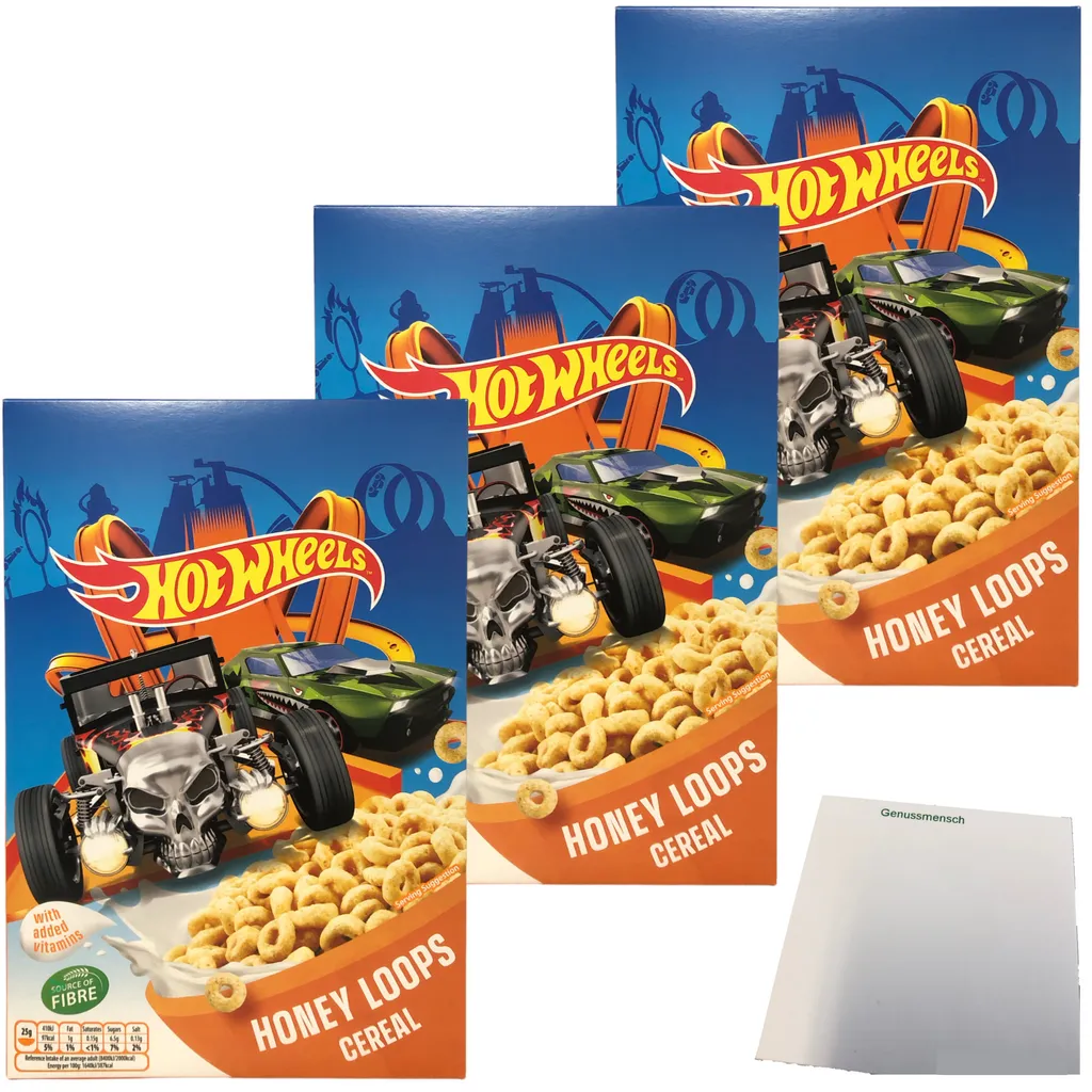 Hot Wheels Honey Loops Whole Grain Breakfast Cereal with Honey 3-Pack (3x375g Pack) + usy Block