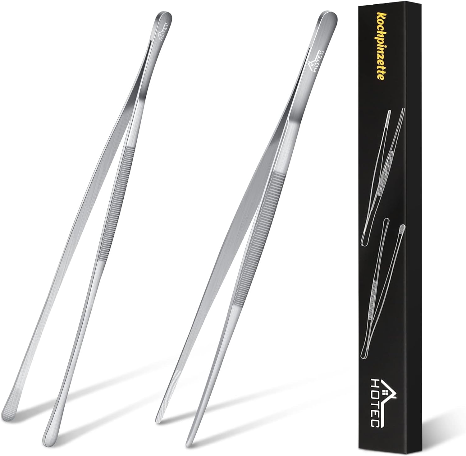 Hotec Barbecue Tongs Stainless Steel Long 30 cm Kitchen Cooking Tweezers Stainless Steel Kitchen Can be Used as Professional Tongs Tweezers for Cooking, Grilling and Baking - Set of 2