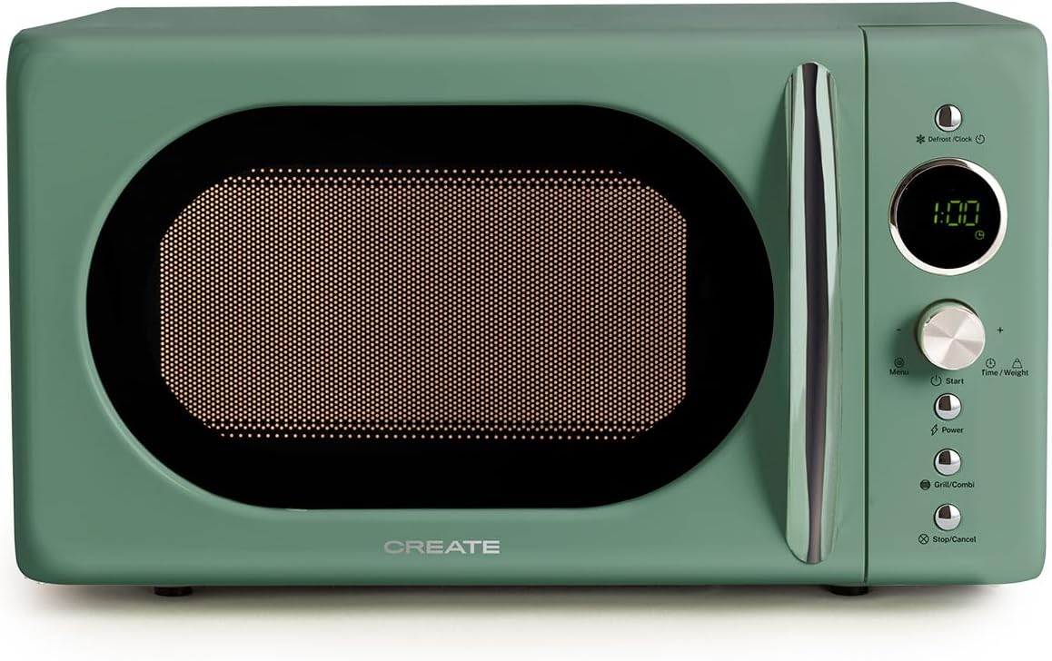 CREATE Microwave Retro Digital Microwave with Grill Function, Sage Green, Retro Style, 20 L Capacity, Turntable Diameter 245 mm, 3 Programs, 9 Preset Menus, LCD Display, 900 W