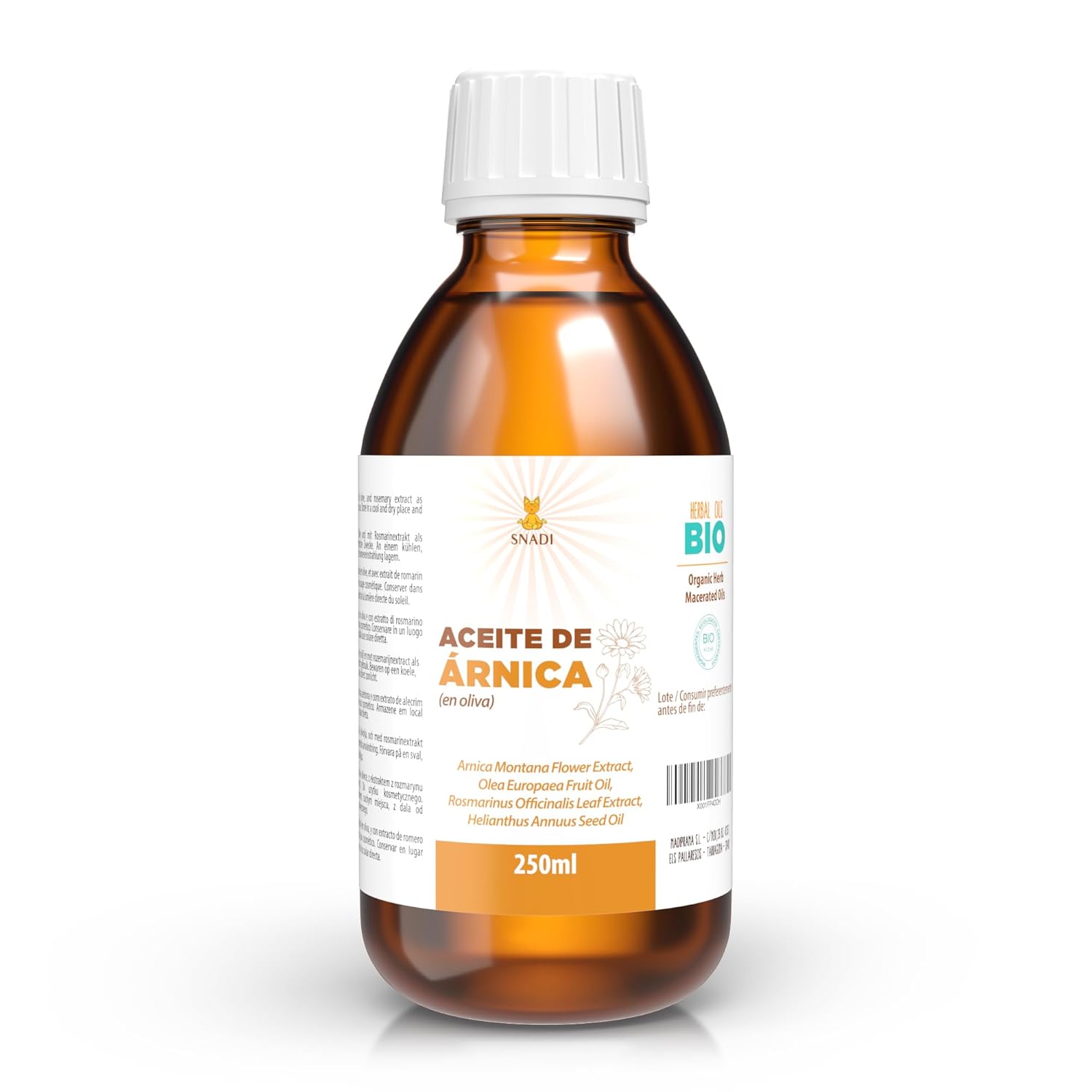 Snadi 250 ml - Pure Organic Macerated Arnica Oil in Olive and Rosemary Extract as Antioxidant