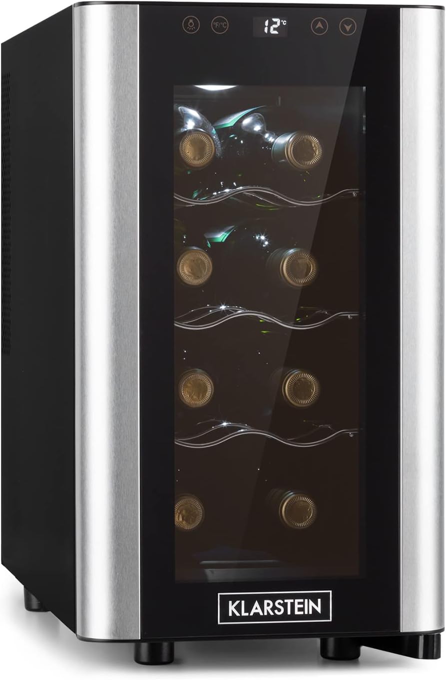 Klarstein Reserva Slim Uno Wine Fridge 23 Liters / 8 Bottles Temperature 11-18°C Low Noise 26dB 3 Metal Shelves LED Lighting UV Protection Wine Cooler Black