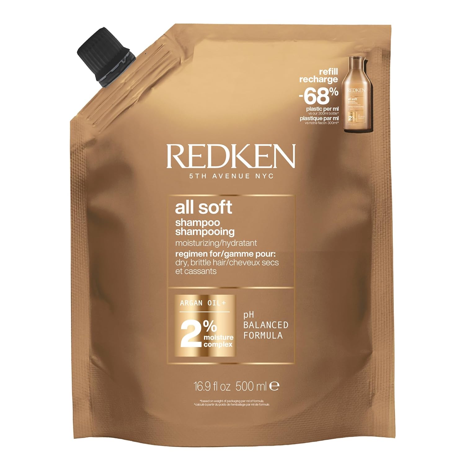 Redken Hair Shampoo for Dry and Brittle Hair, Invigorates and Hydrates, with Omega-6 and Argan Oil, All Soft Shampoo, 1 x 500 ml Refill Pack