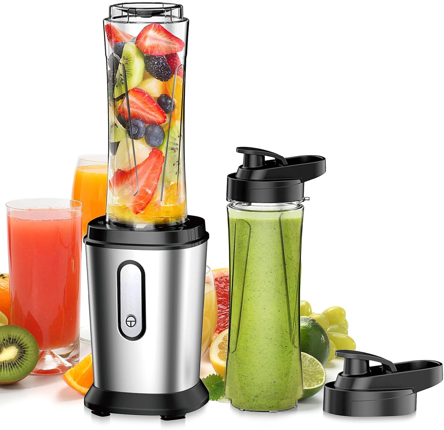 Mixer, 500 W Mini Stand Mixer & Smoothie Maker with 2 x 600 ml Bottles, BPA-Free Tritan, Portable Mixer Smoothie Maker Made of Stainless Steel, 4 Sheets for Shake, Smoothie, Silver