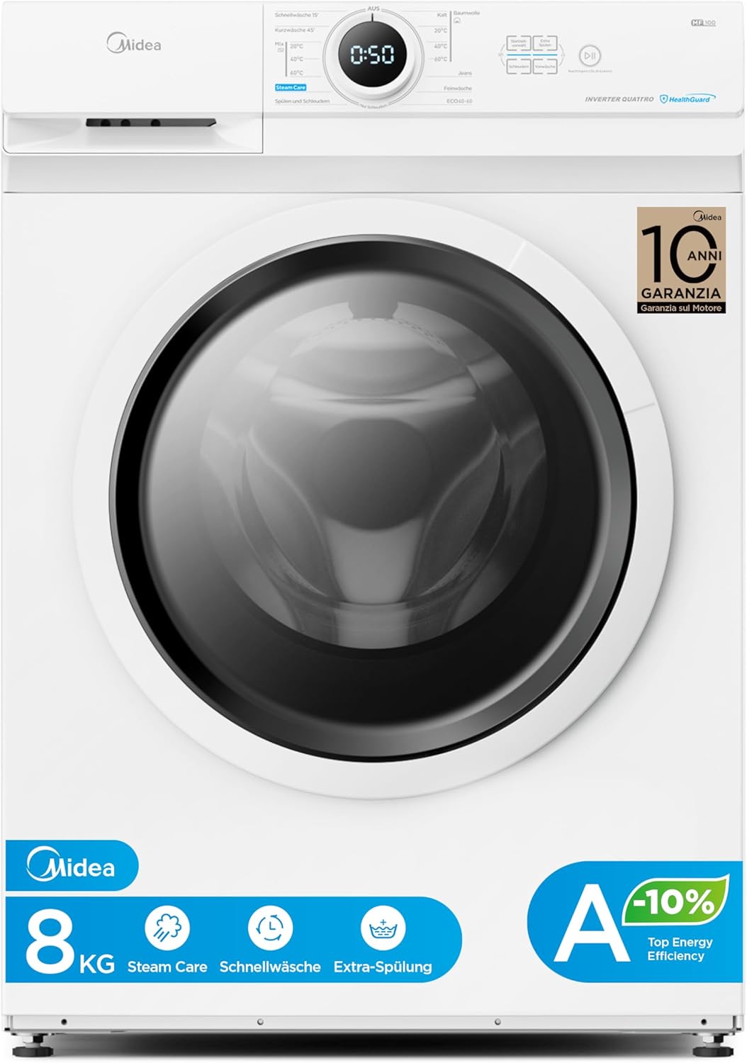 Midea MF10EW80BA10 Washing Machine / 8 kg / 1400 rpm / Energy Efficiency Class A-10% / Inverter Quattro Motor / Steam Function / Large Drum / Refill Function / Child Lock / AquaStop, White