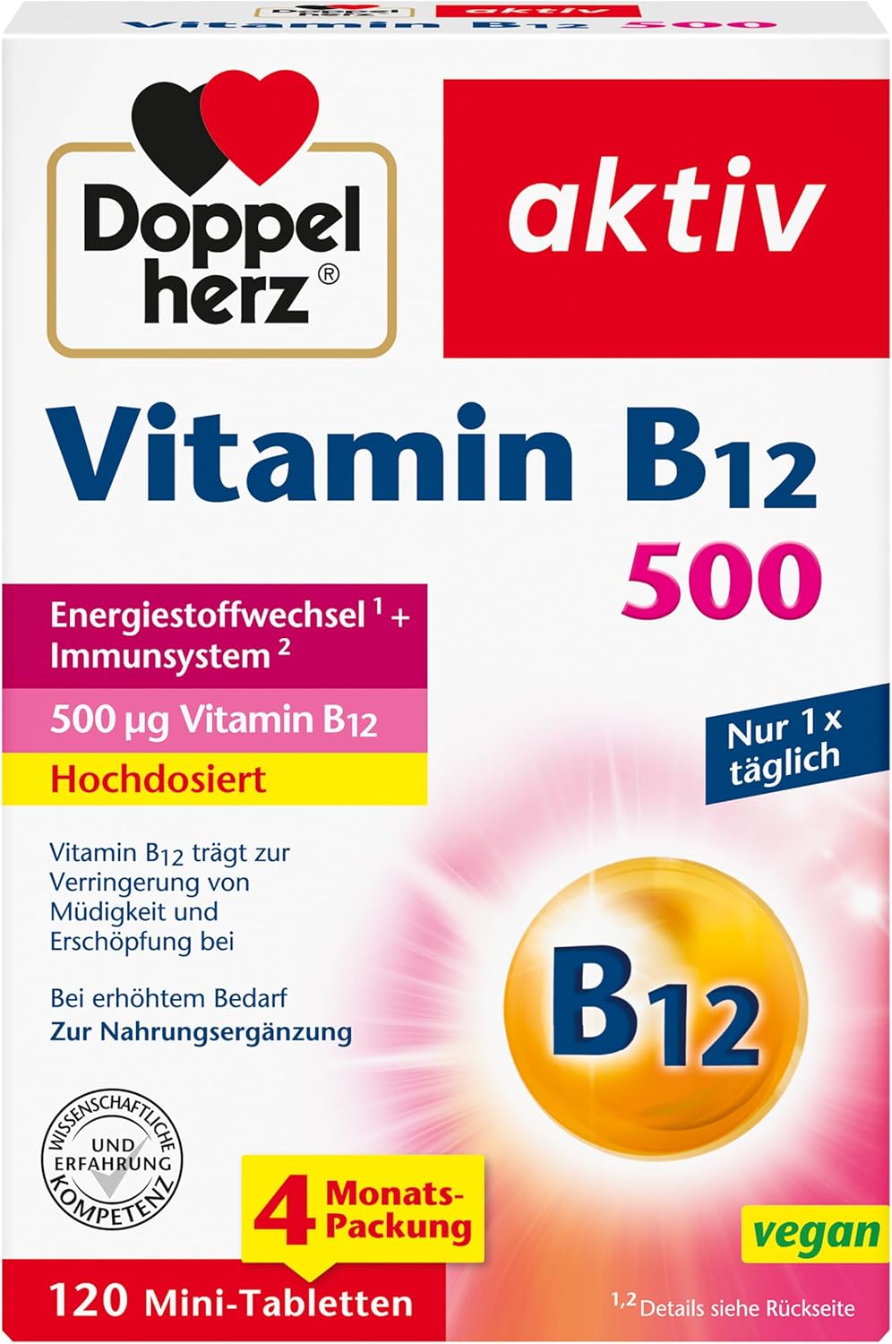 Doppelherz Vitamin B12 500 - High Dose with 500 μg Vitamin B12 per Tablet - Vegan - 120 Mini Tablets