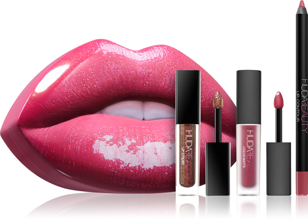 Huda Beauty Contour & Strobe Lip Set Gift Set Shade Trophy Wife & Shameless