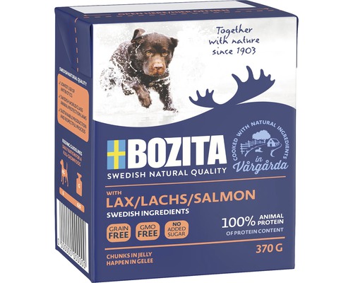 BOZITA wet dog food bites in jelly with salmon, 370g, grain-free