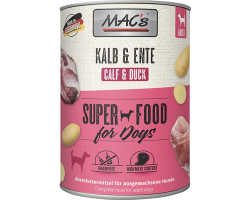 MAC'S DOG wet dog food, veal, duck and potatoes, 800g