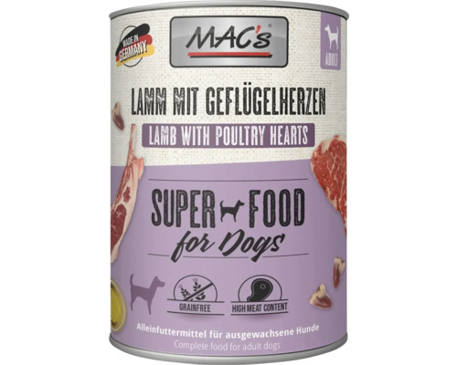 MAC's DOG wet dog food, lamb and poultry hearts, 800g