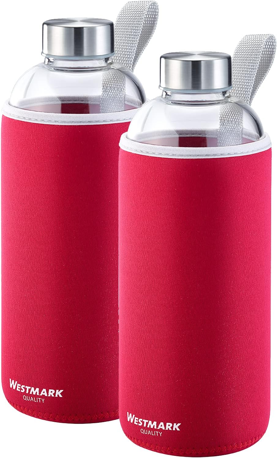 Westmark 527422E7 Drinking Bottle Set of 2 Glass with Print and 1 Protective Cover 1000 ml Glass / Silicone / Rubber BPA-Free Viva Red / Silver / Clear