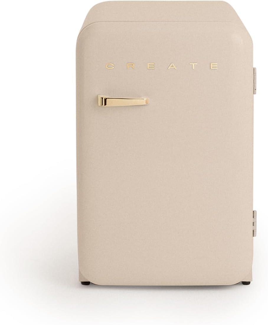 CREATE Retro Fridge 83.5 Gold Fridge in Sand, Gold Handle, 98 W, Low Consumption, 2 Shelves, Temperature Control, Bottle Holder, 56 x 54 x 84 cm